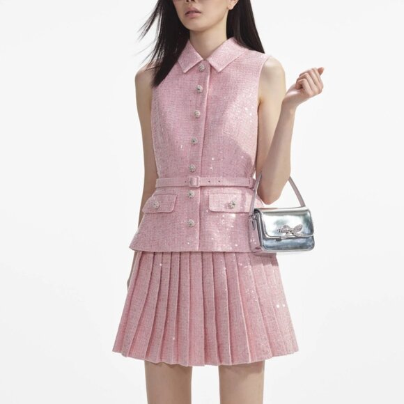 Self Portrait Pink Boucle Tailored Mini Dress US 4 - Picture 3 of 15